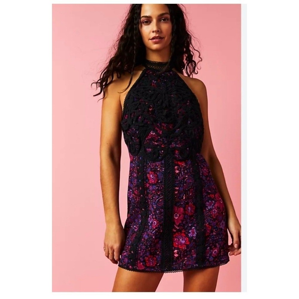 Free People Floral Paisley Crochet Lace Fairy Mini Dress Boho Festival Indie